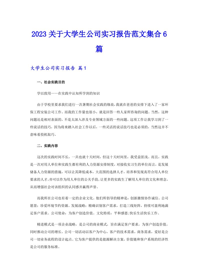 2023关于大学生公司实习报告范文集合6篇