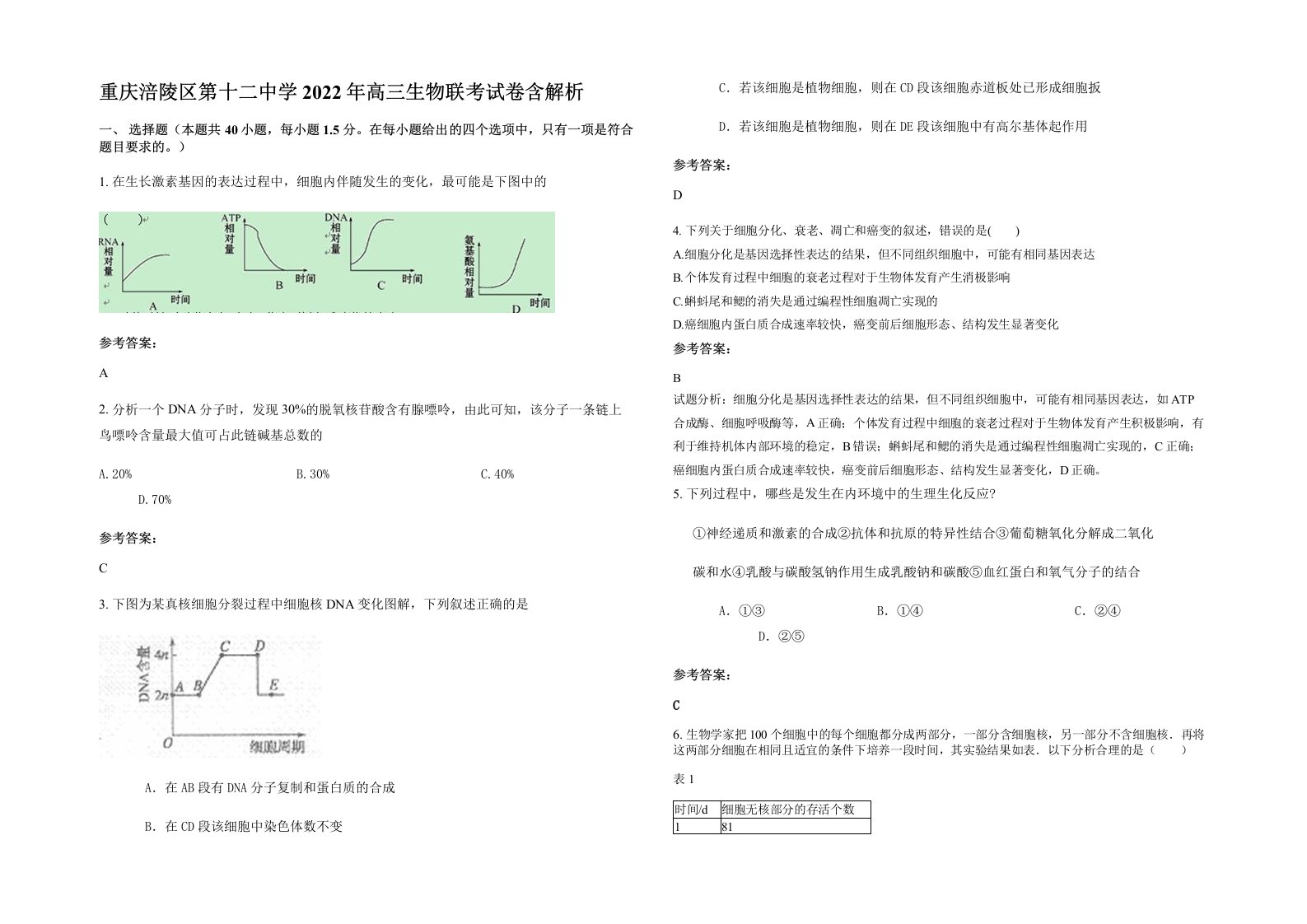 重庆涪陵区第十二中学2022年高三生物联考试卷含解析