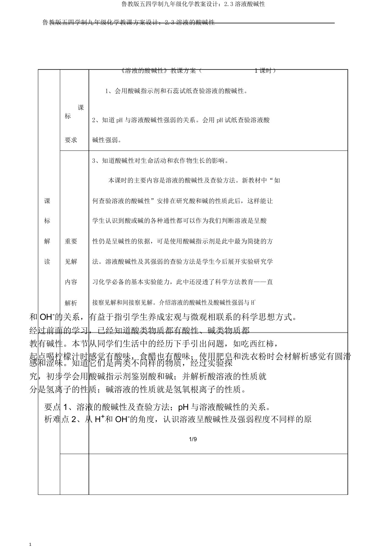 鲁教版五四学制九年级化学教案设计：2.3溶液酸碱性