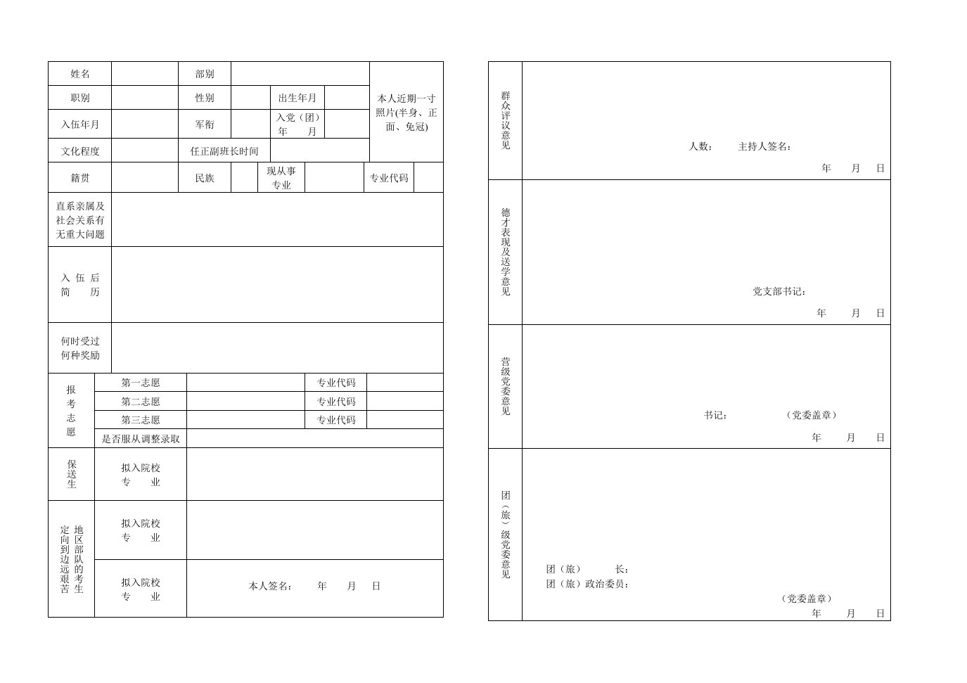 士兵考生登记表里