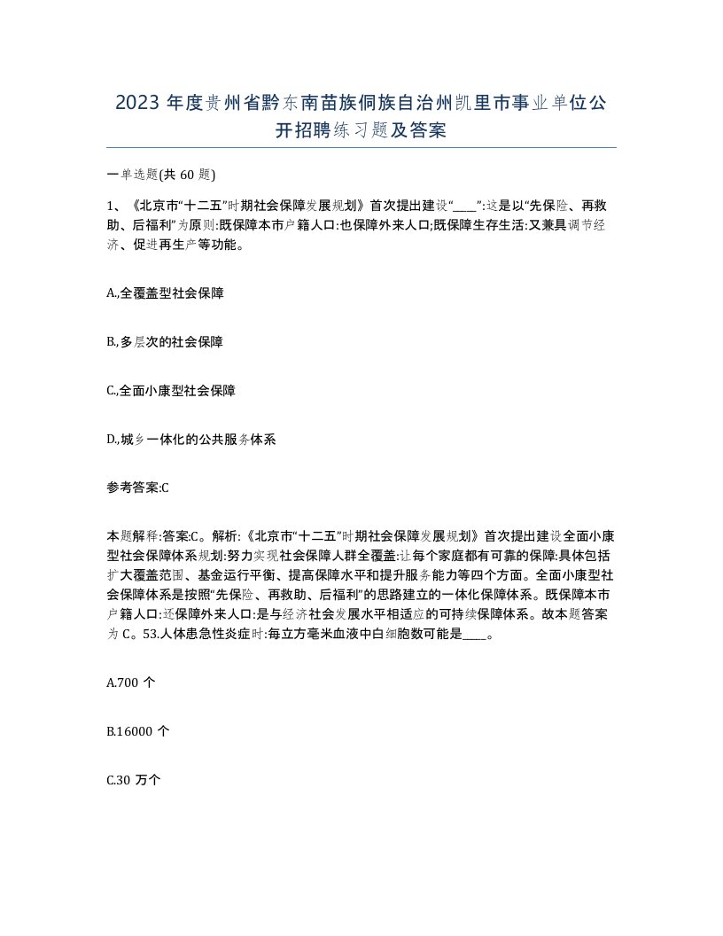 2023年度贵州省黔东南苗族侗族自治州凯里市事业单位公开招聘练习题及答案