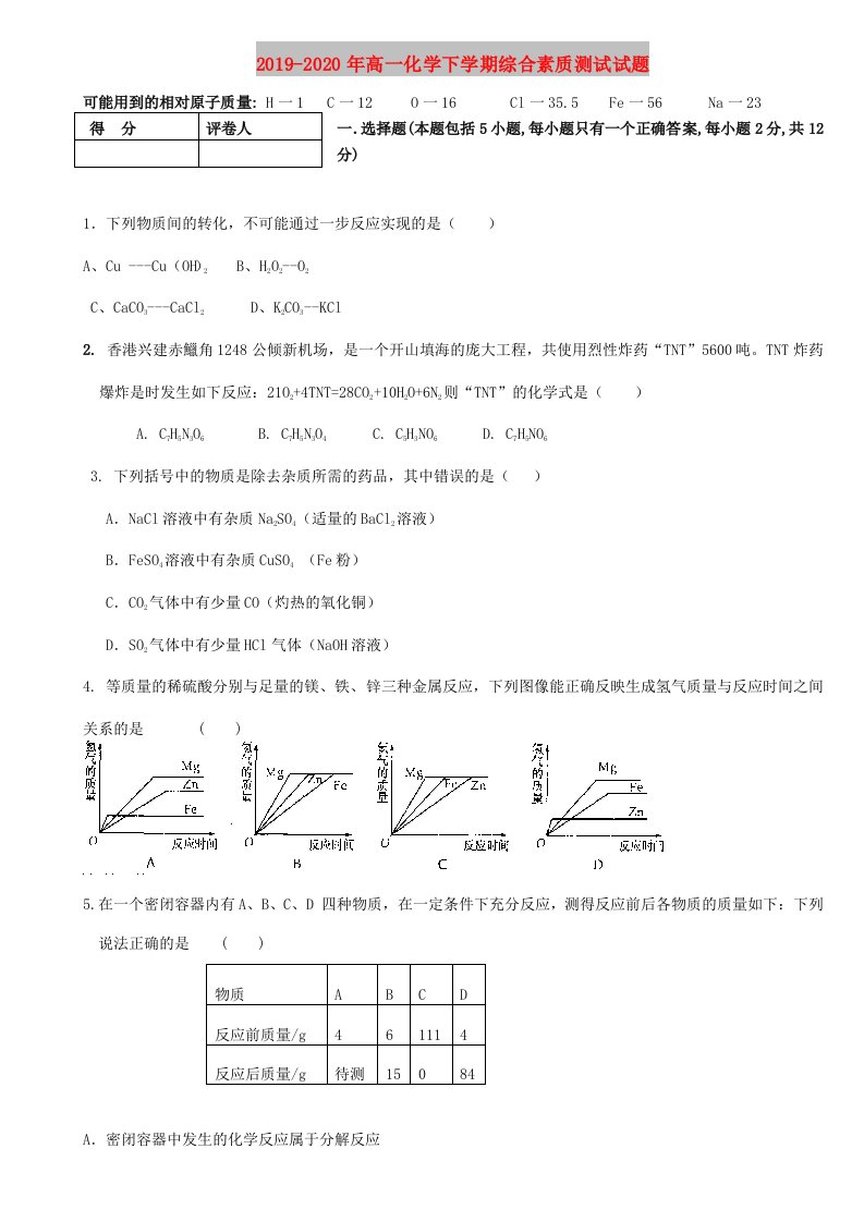 2019-2020年高一化学下学期综合素质测试试题