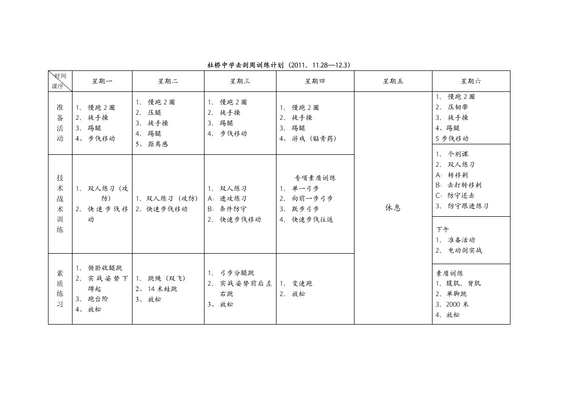 杜桥中学击剑队单周训练计划4