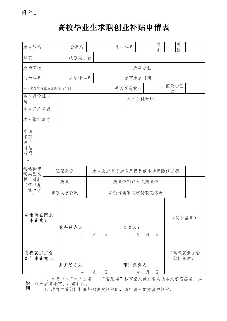 高校毕业生求职补贴申请表