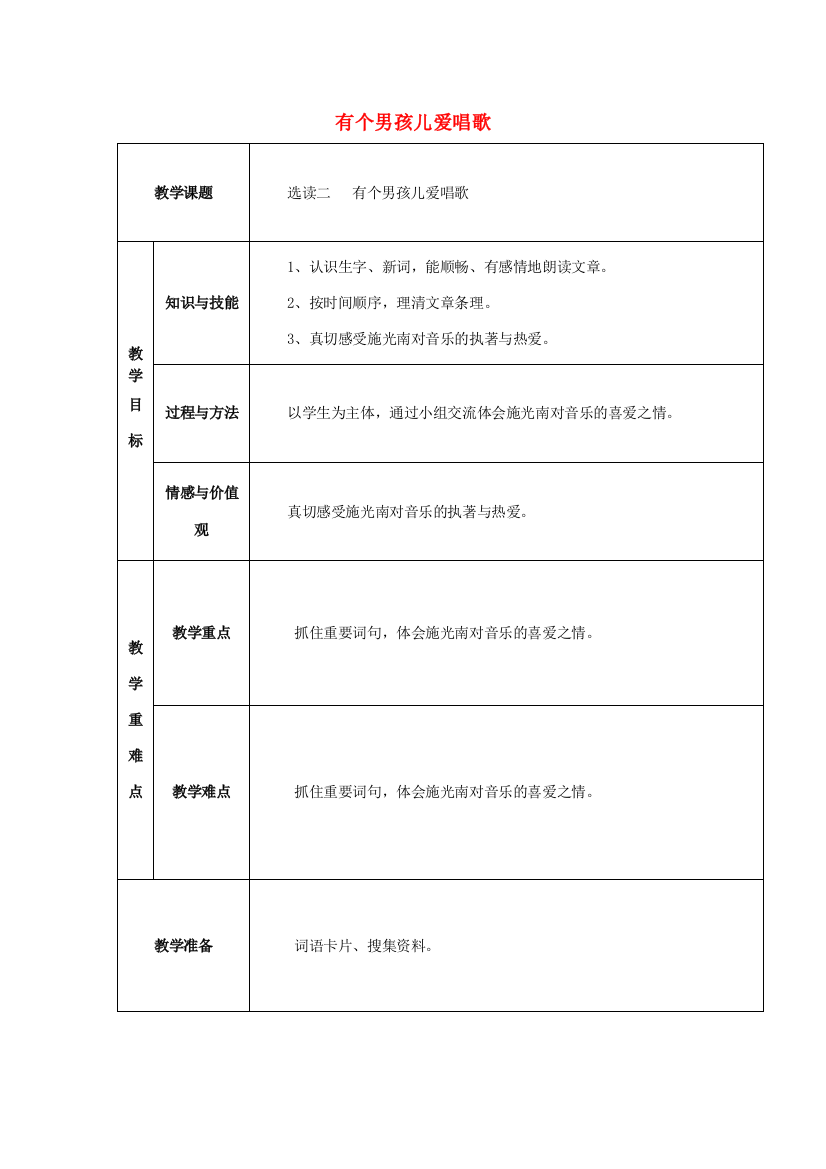 五年级语文下册《有个男孩儿爱唱歌》教案