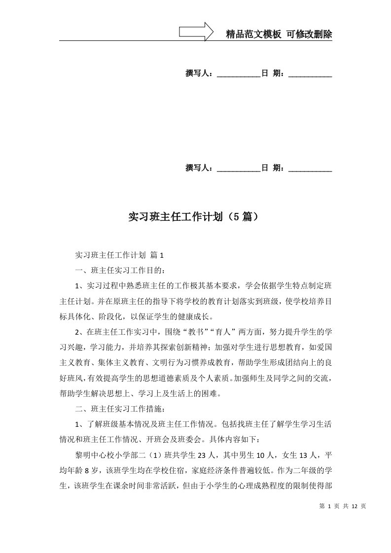 实习班主任工作计划5篇