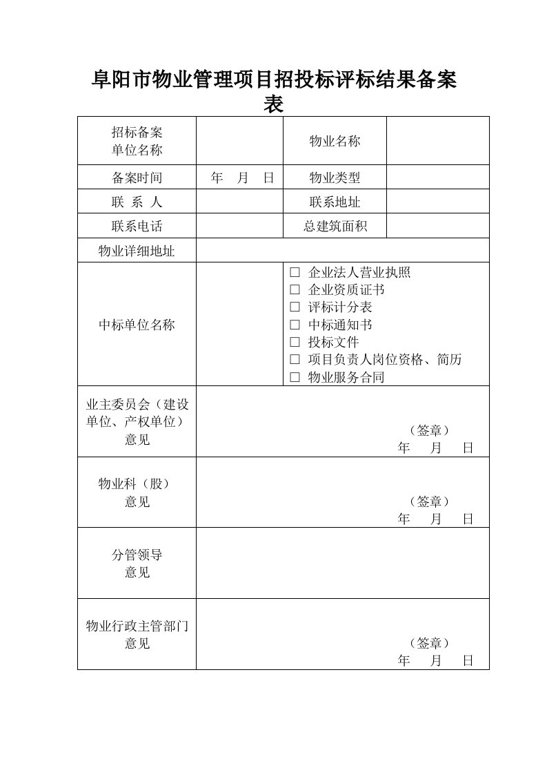 阜阳市物业管理项目招投标评标结果备案表