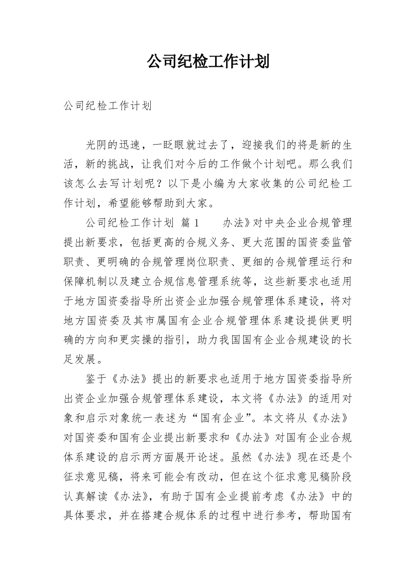 公司纪检工作计划