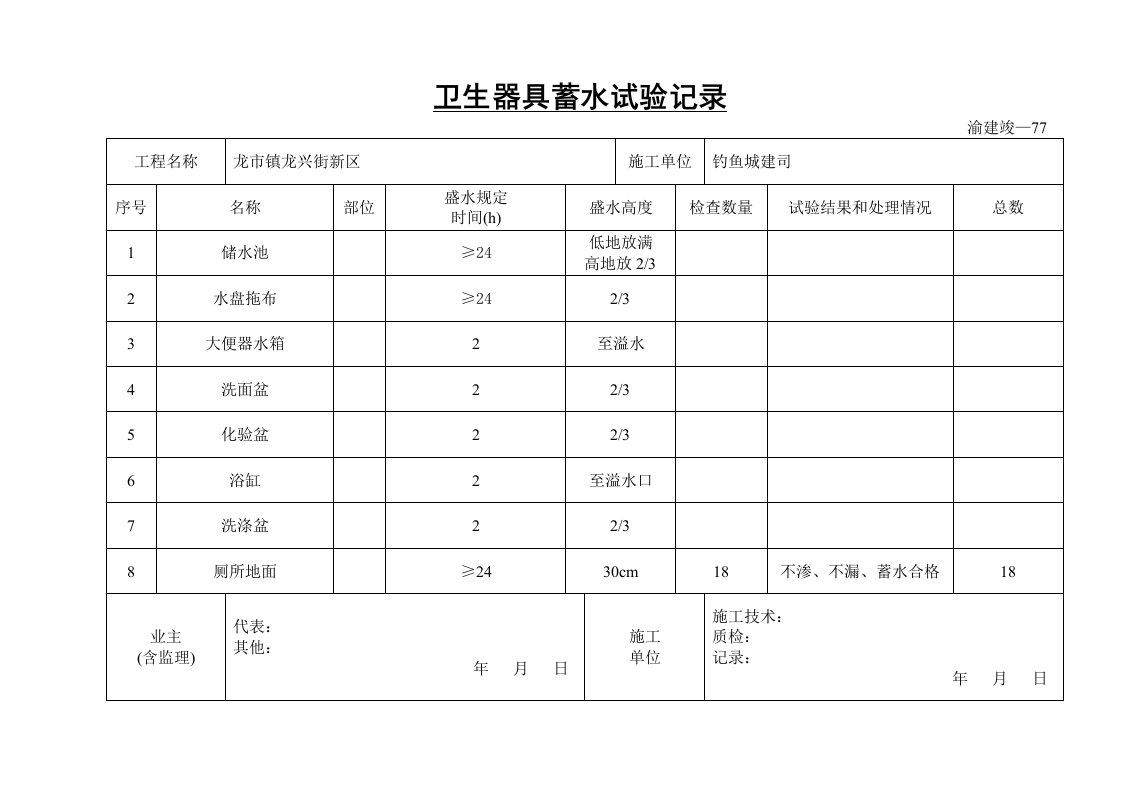 建筑资料-卫生器具蓄水试验记录