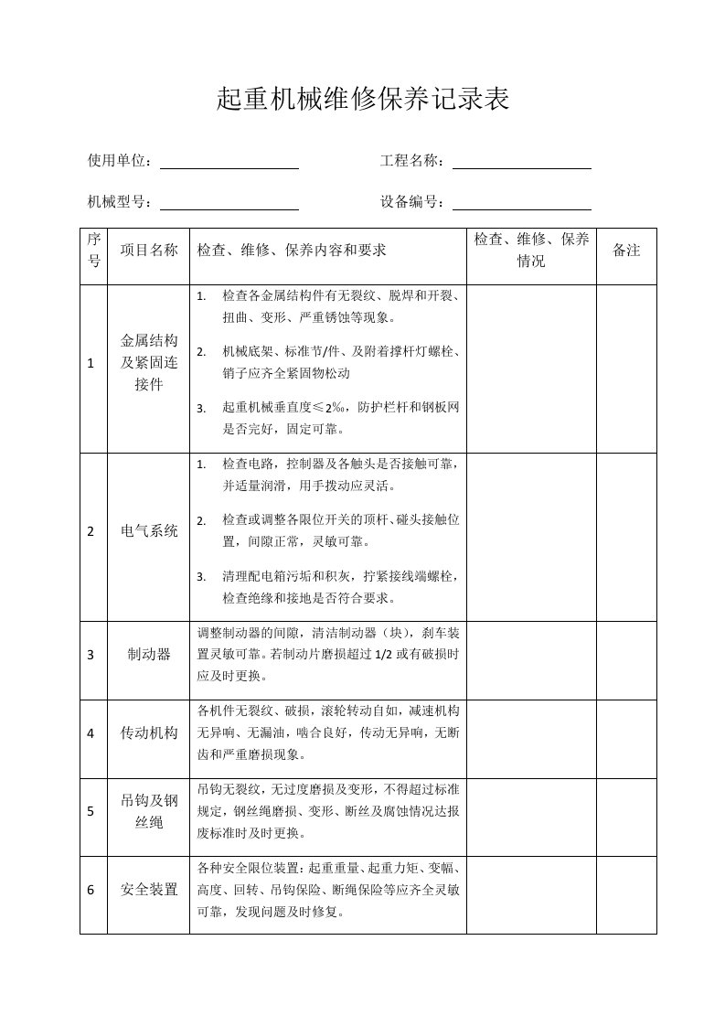 起重机械维修保养记录表