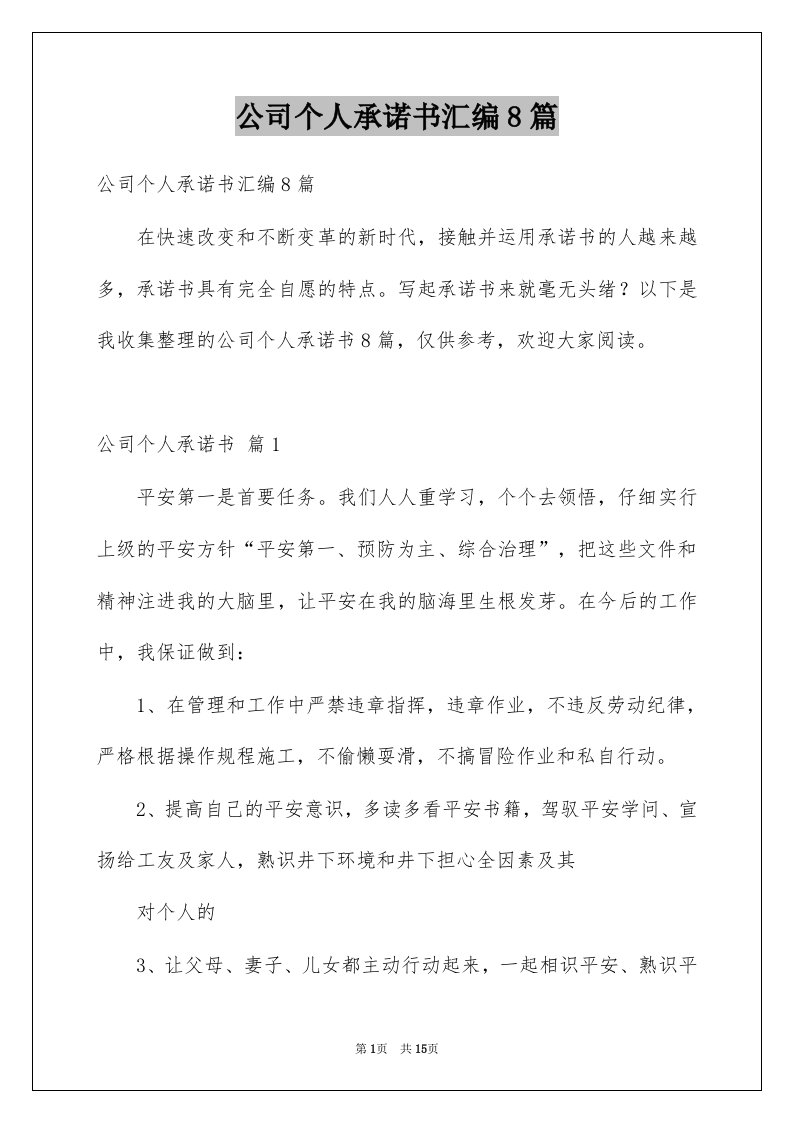 公司个人承诺书汇编8篇例文