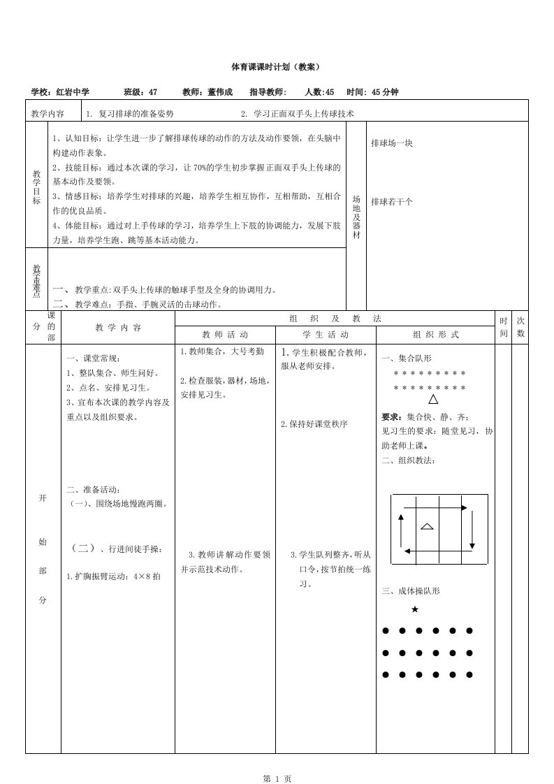 排球正面双手头上传球教案