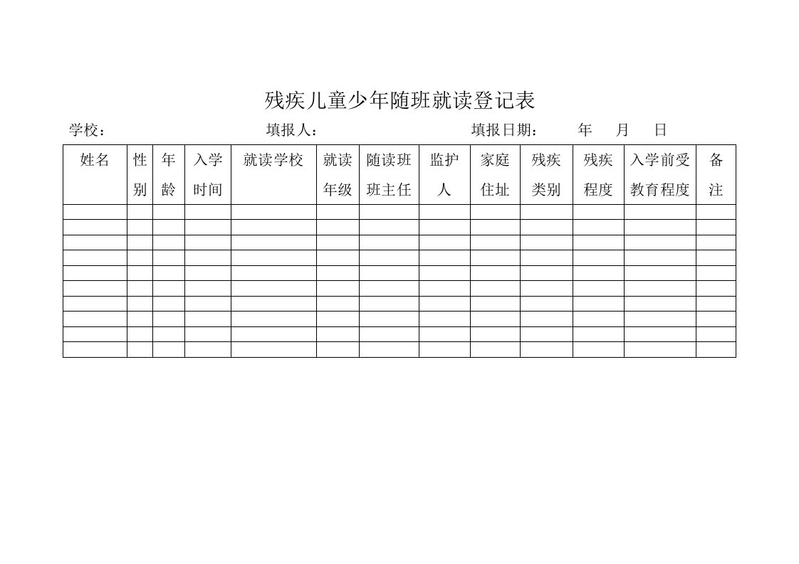 残疾儿童少年随班就读登记表