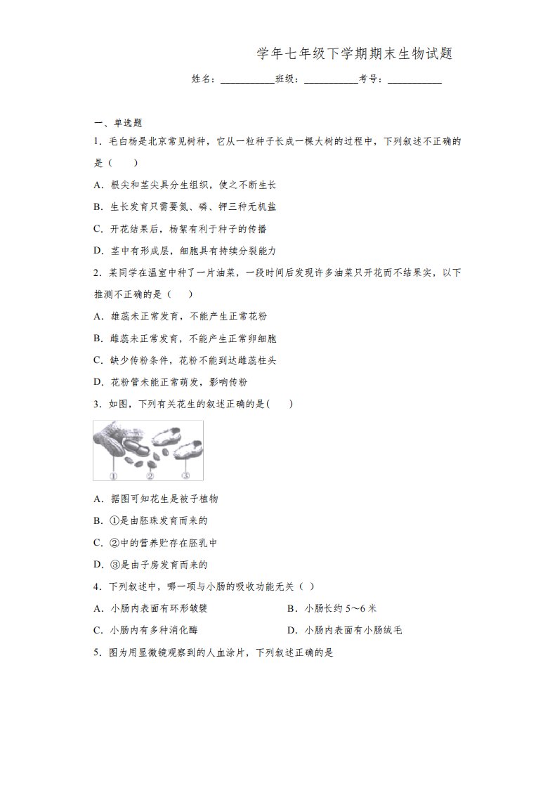 北京市海淀区2020-2021学年七年级下学期期末生物试题