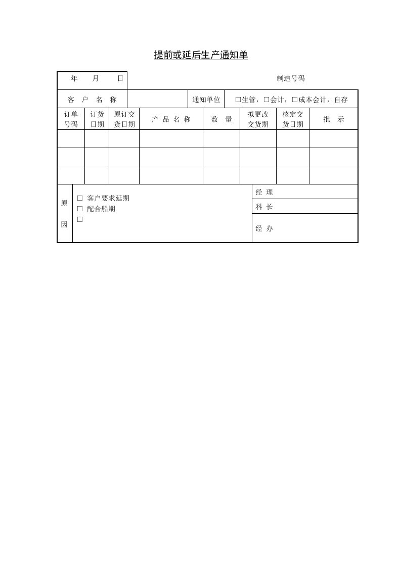 提前或延后生产通知单