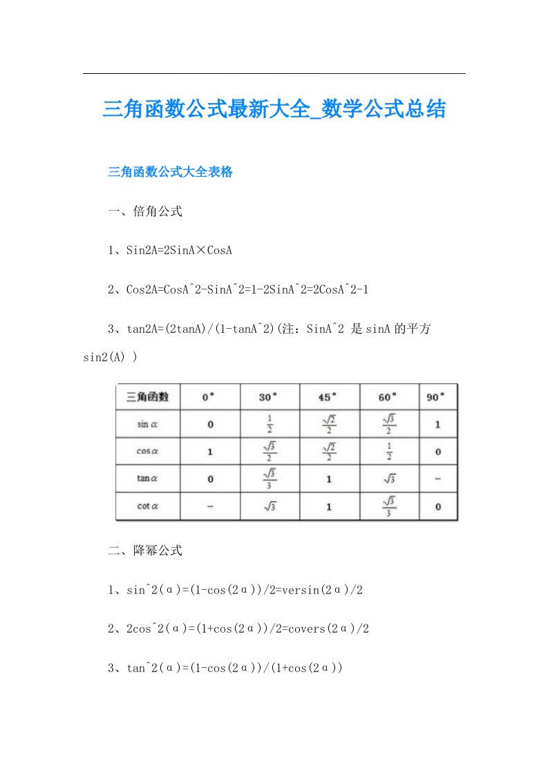 三角函数公式最新大全数学公式总结