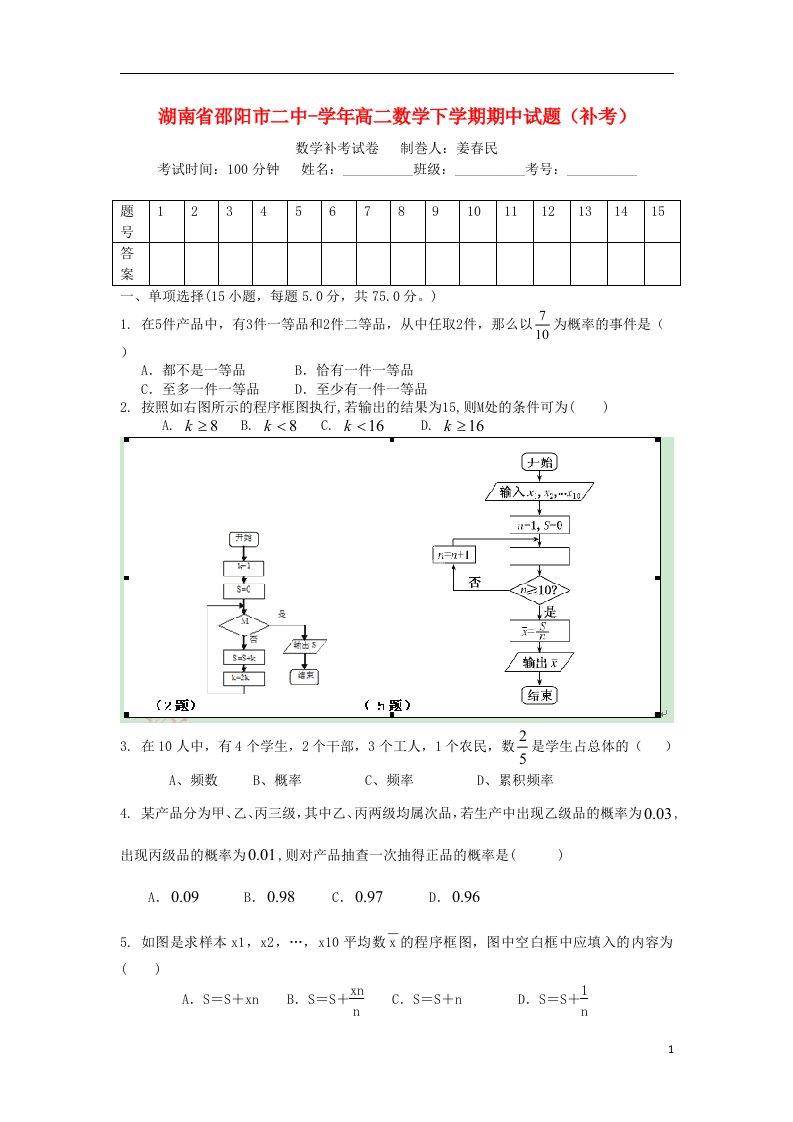 湖南省邵阳市二中高二数学下学期期中试题（补考）