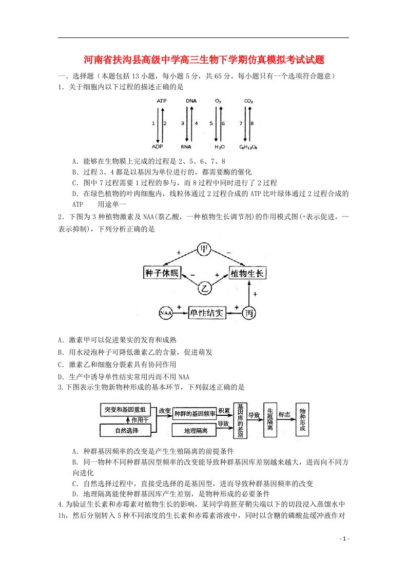 河南省扶沟县高级中学高三生物下学期仿真模拟考试试题