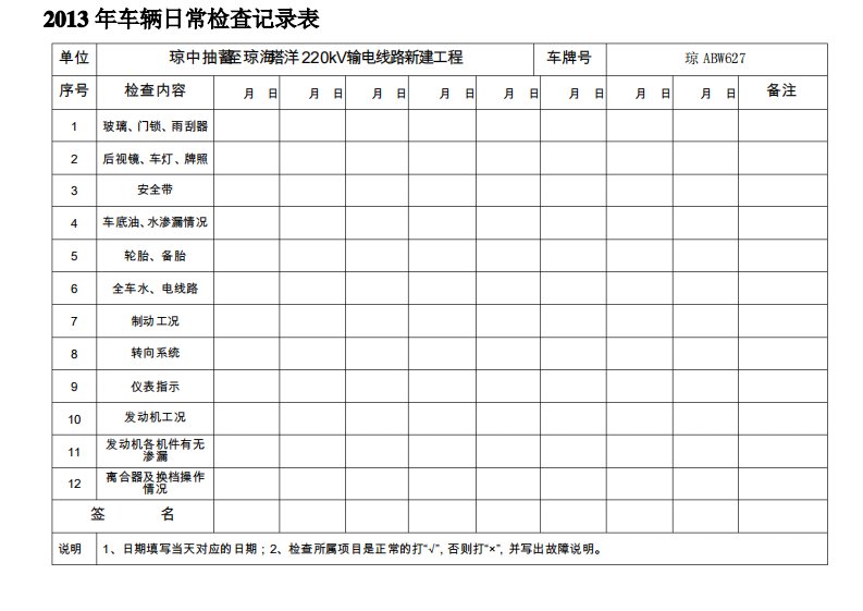 车辆日常检查记录表