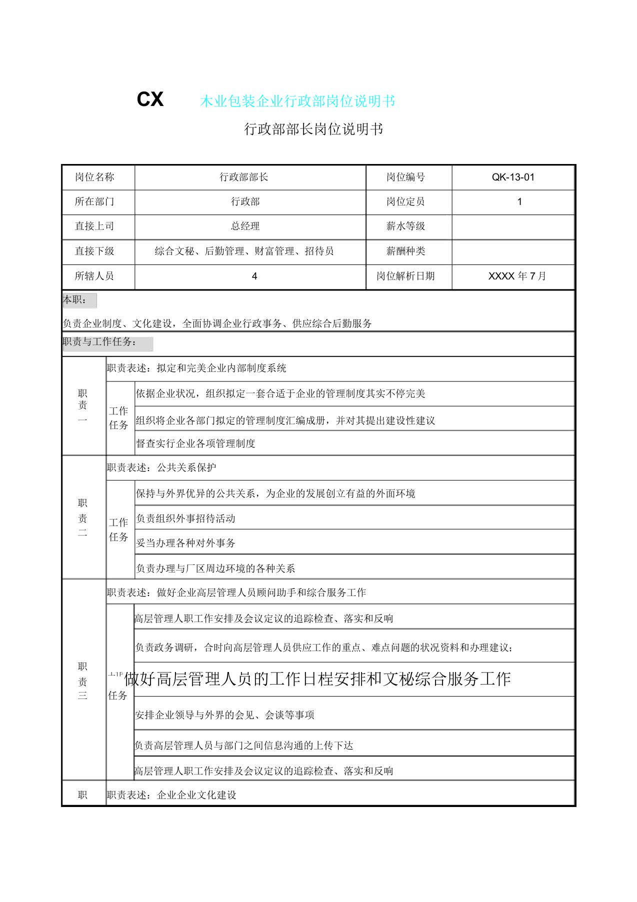 木业包装公司行政部岗位说明书汇编