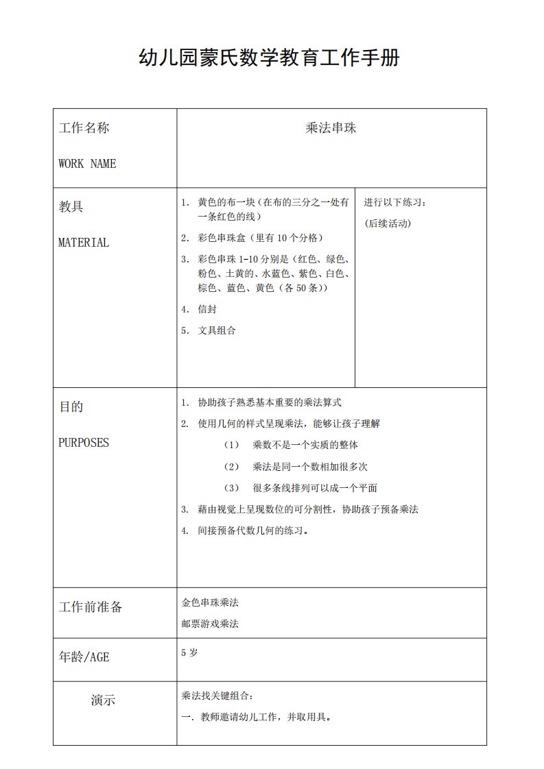 幼儿园蒙氏数学教育工作手册——乘法串珠