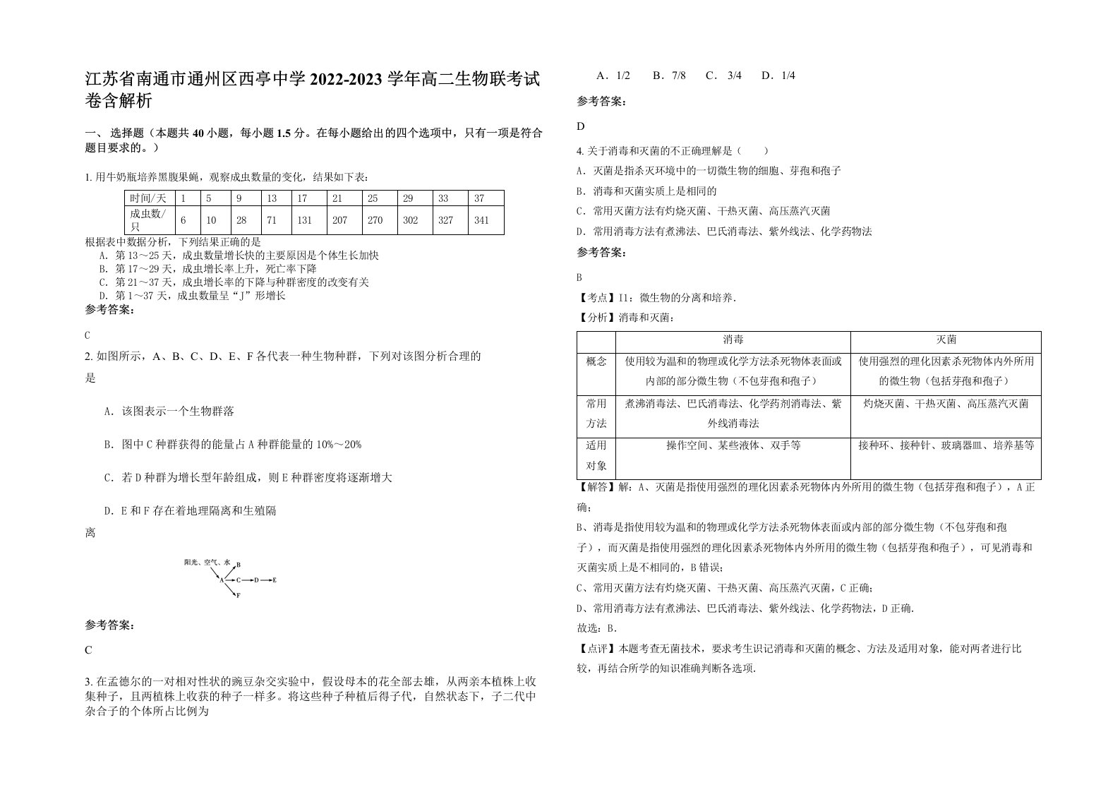 江苏省南通市通州区西亭中学2022-2023学年高二生物联考试卷含解析