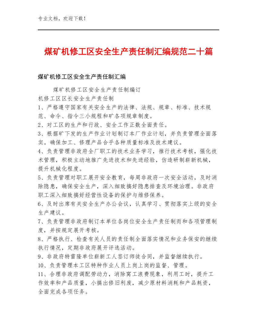 煤矿机修工区安全生产责任制汇编规范二十篇