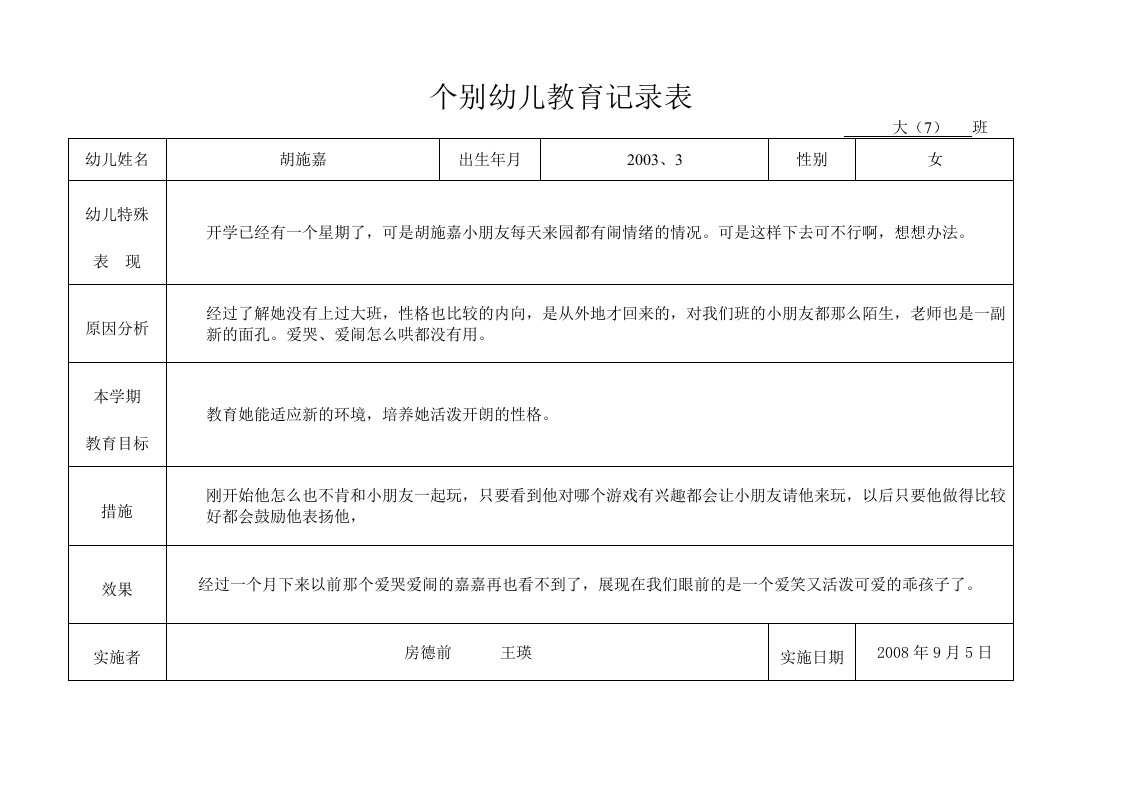 个别幼儿教育记录表（精选）