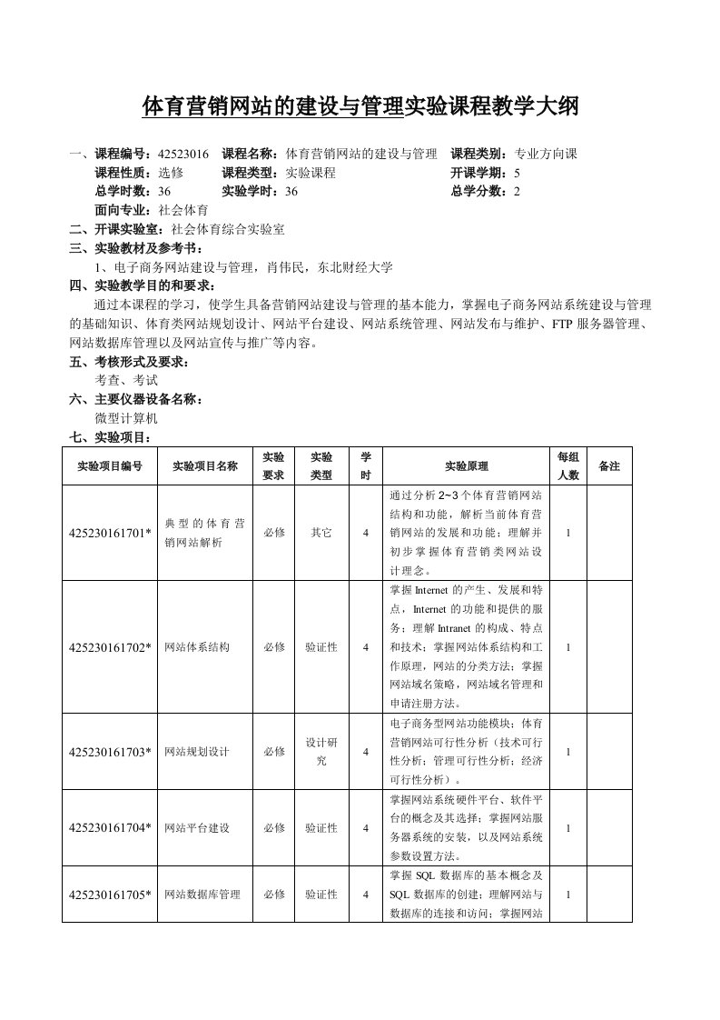 体育营销网站的建设与管理实验课程教学大纲