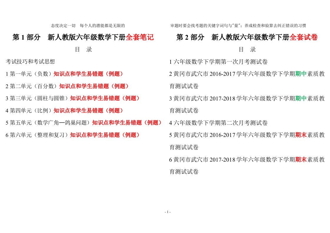 最新人教版小学六年级下册数学黄冈超级笔记知识点和学生易错题和真题考卷