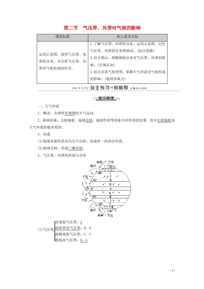 2020_2021学年新教材高中地理第3章天气的成因与气候的形成第2节气压带风带对气候的影响教案中图版选择性必修第一册