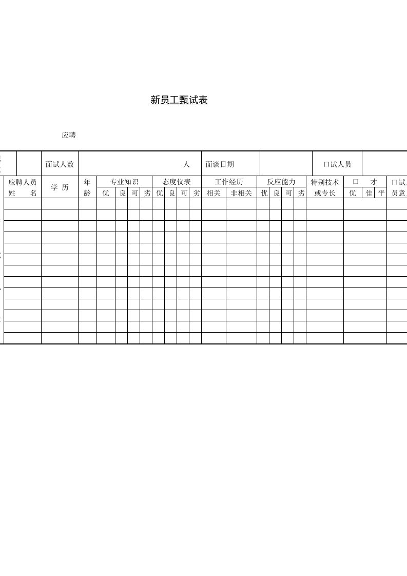 现代企业新员工甄试表