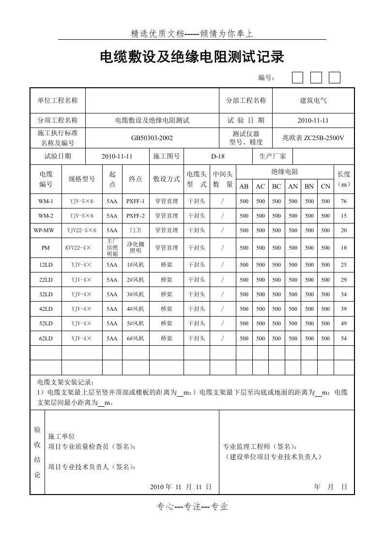 电缆绝缘电阻测试记录表(共18页)