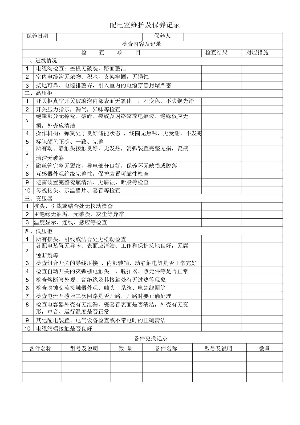 配电室定期维护及保养记录