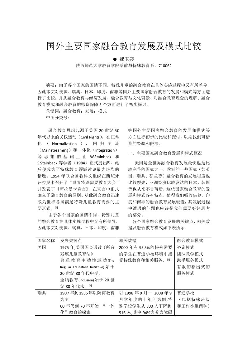 国外主要国家融合教育发展及模式比较