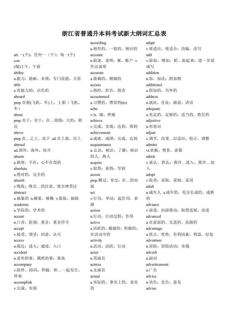 浙江省专升本大纲词汇表