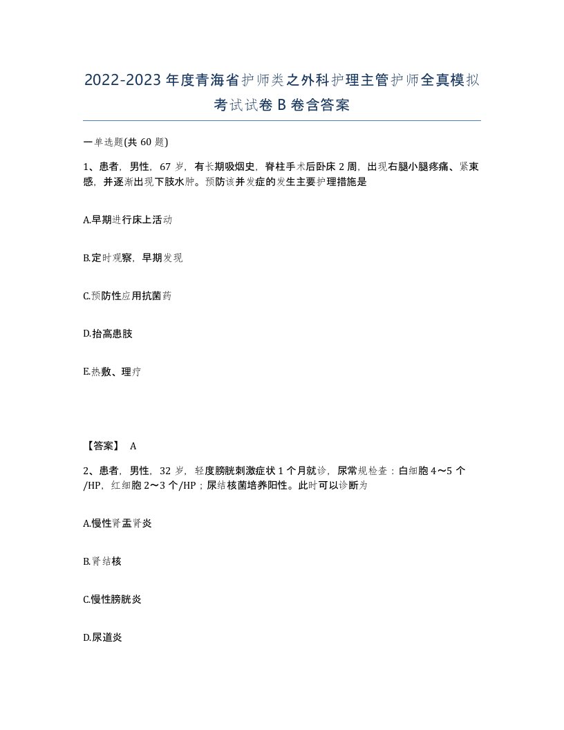 2022-2023年度青海省护师类之外科护理主管护师全真模拟考试试卷B卷含答案