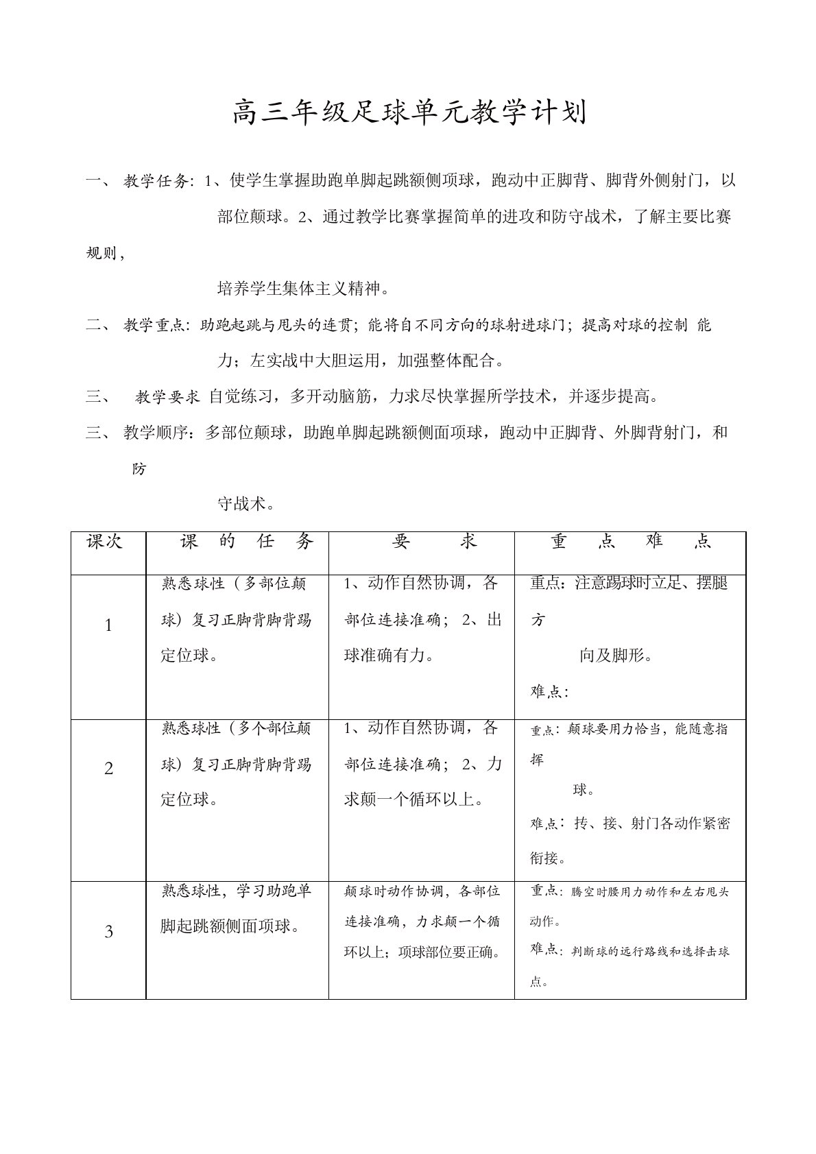 高中三年级体育与健康教案集：足球单元教学计划