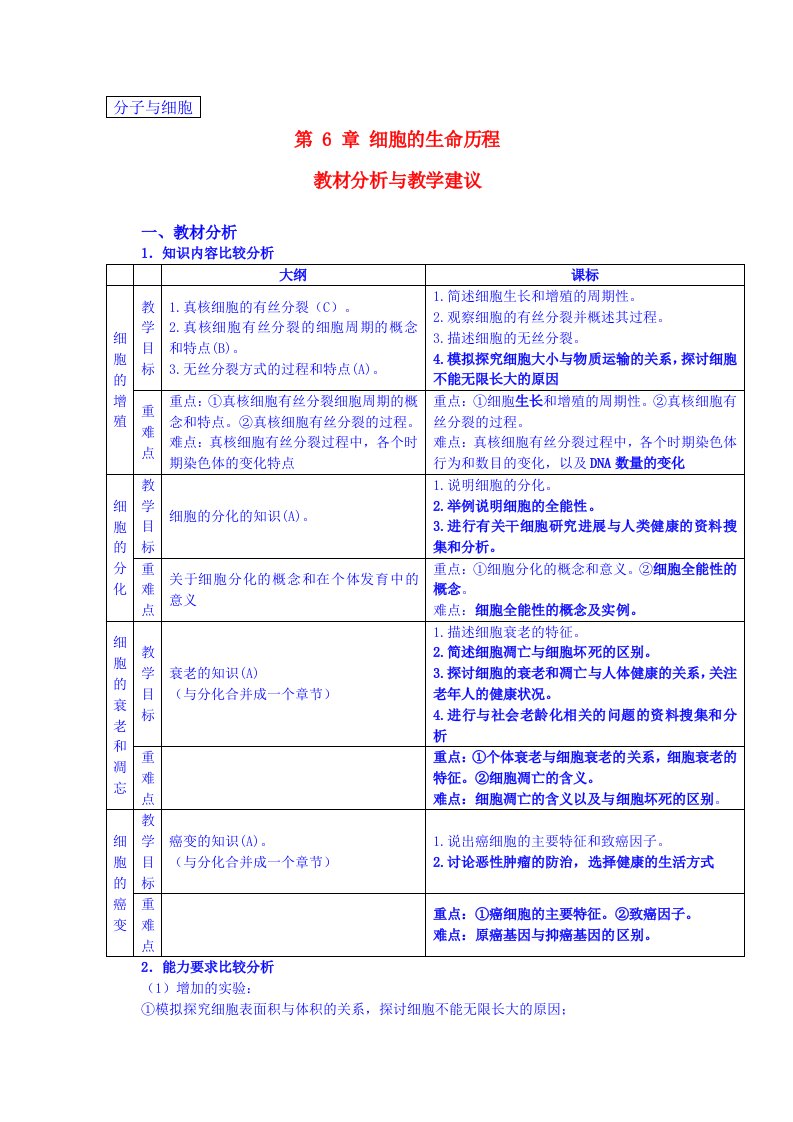 高中生物《细胞的生命历程》教案新人教版必修