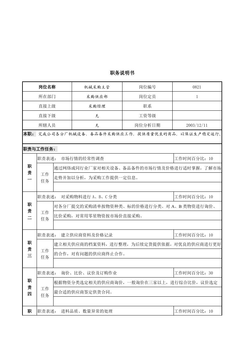 机械采购主管职务说明书