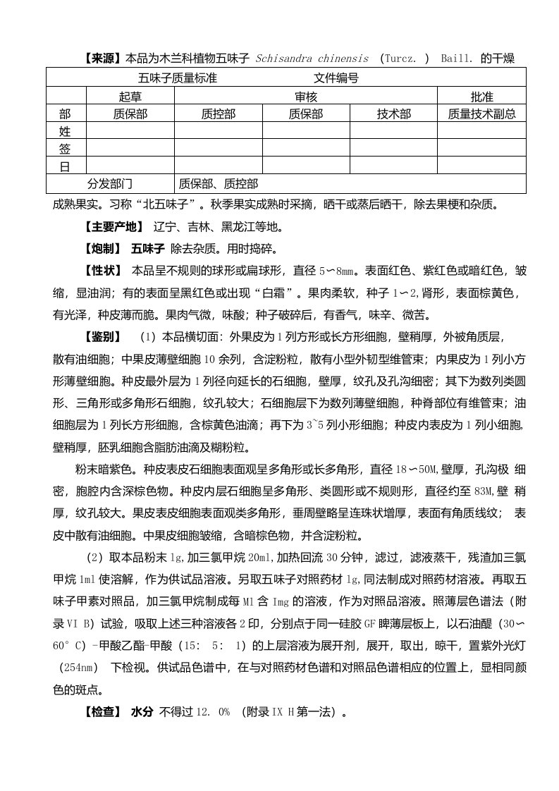 成品药材五味子质量标准