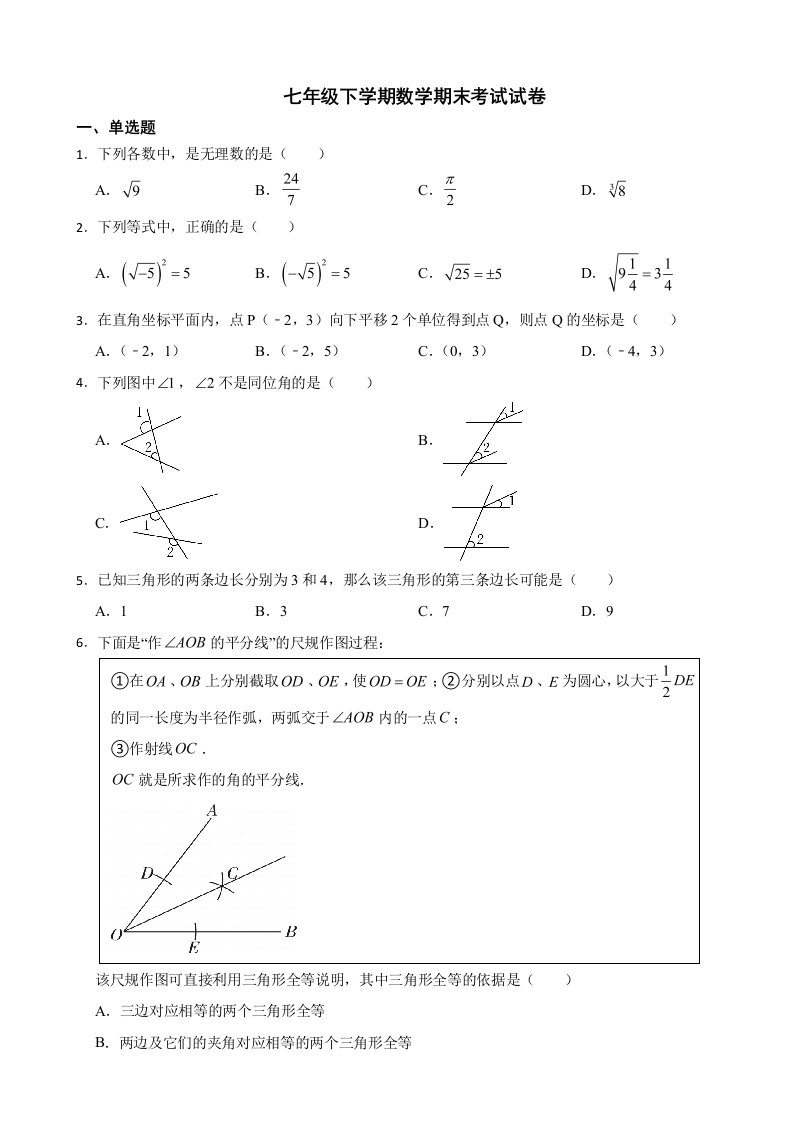 上海市长宁区2024年七年级下学期数学期末考试试卷附答案