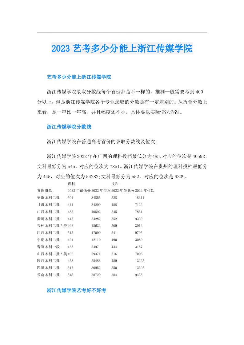 艺考多少分能上浙江传媒学院