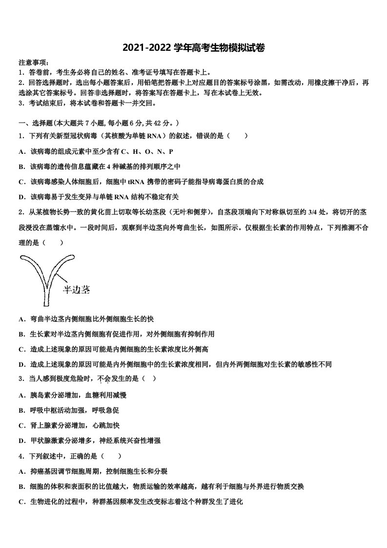 2021-2022学年广东省惠州市惠阳高级中学高三第二次诊断性检测生物试卷含解析