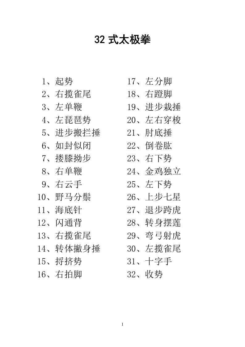 32式简化太极拳分解动作名称