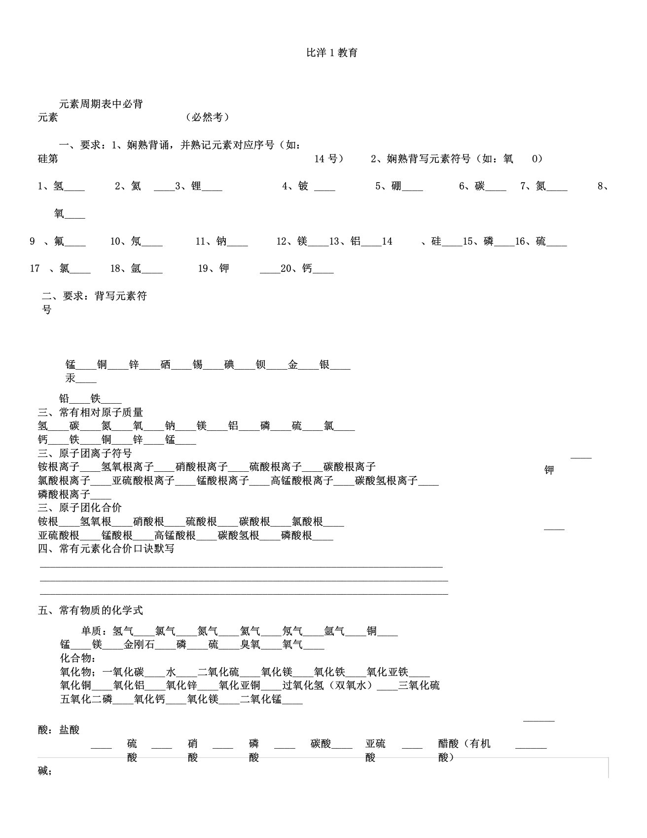 初中化学必背知识化学方程式填空全