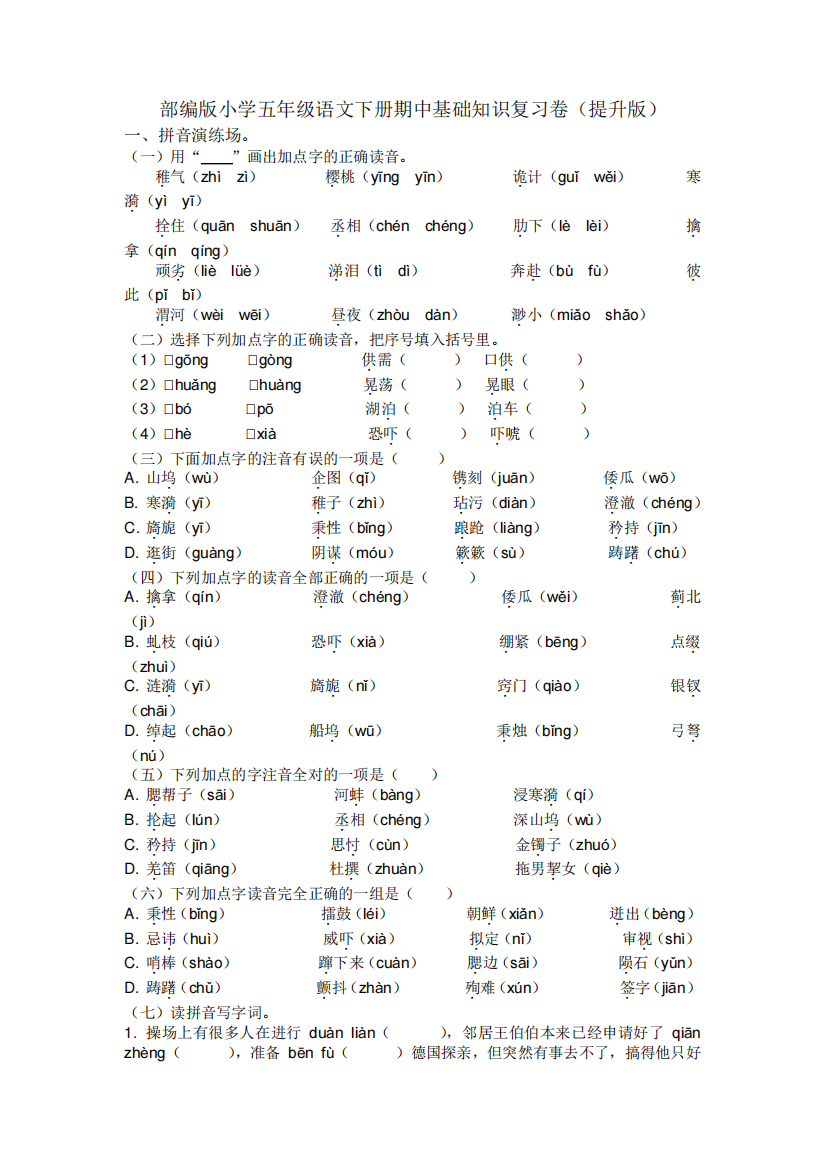 期中基础知识复习卷(试题)部编版语文五年级下册