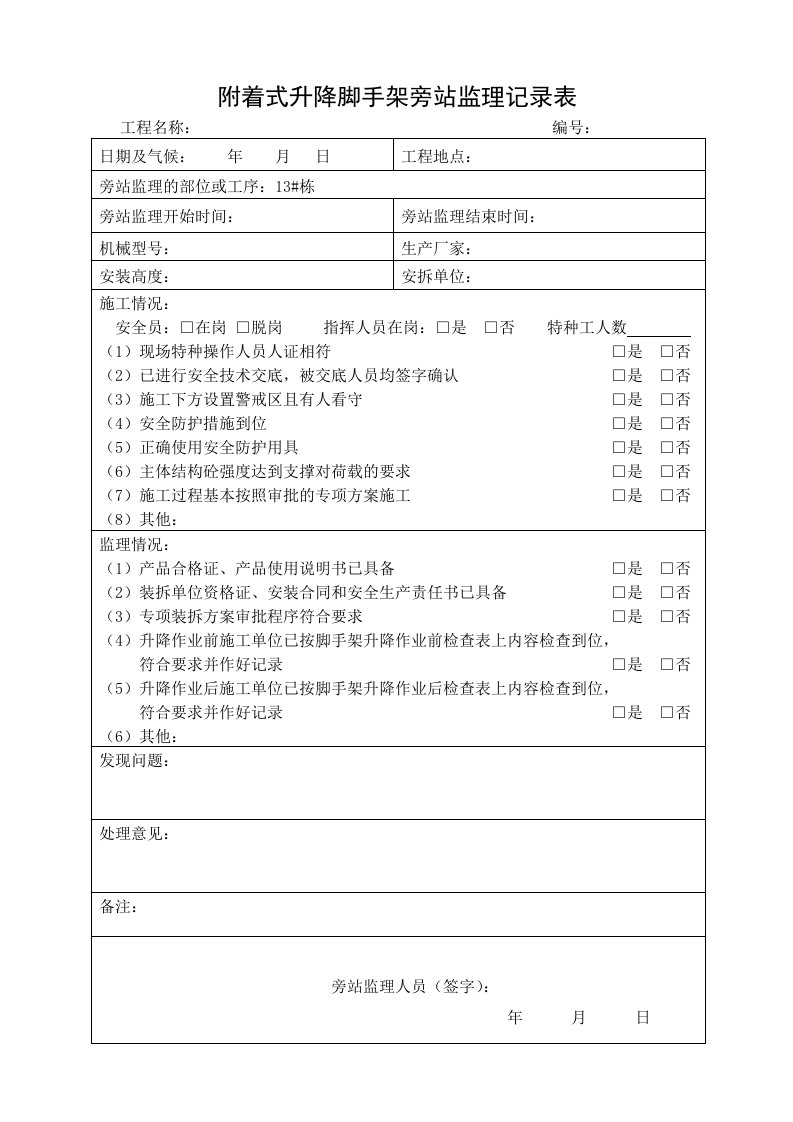 附着式升降脚手架监理旁站记录表