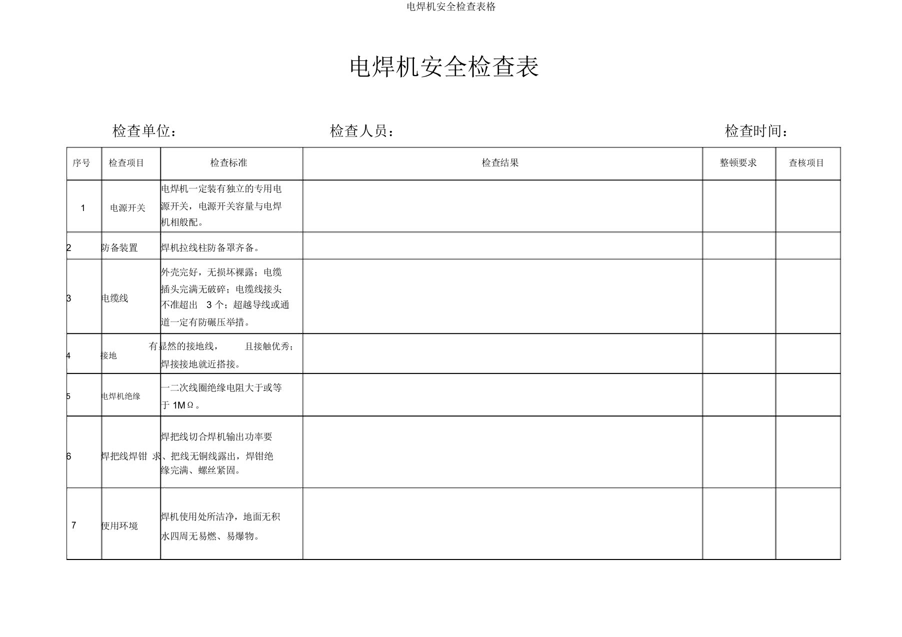 电焊机安全检查表格