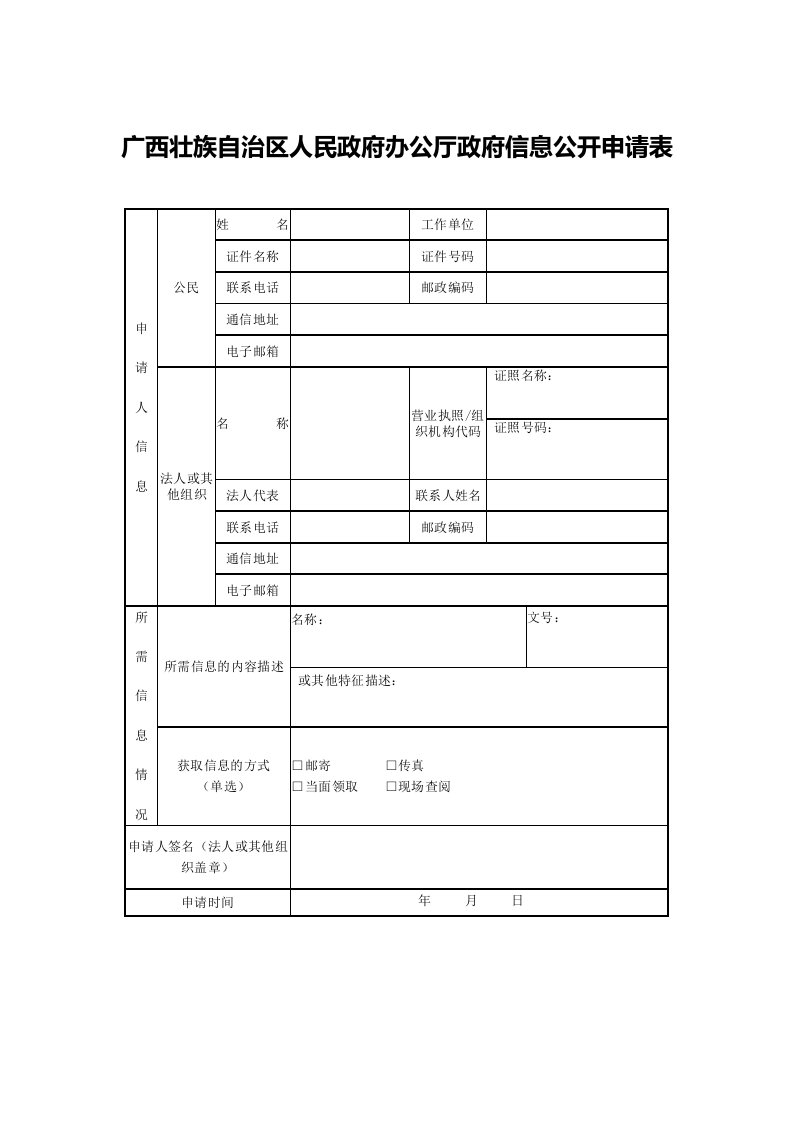 广西壮族自治区人民政府办公厅政府信息公开申请表